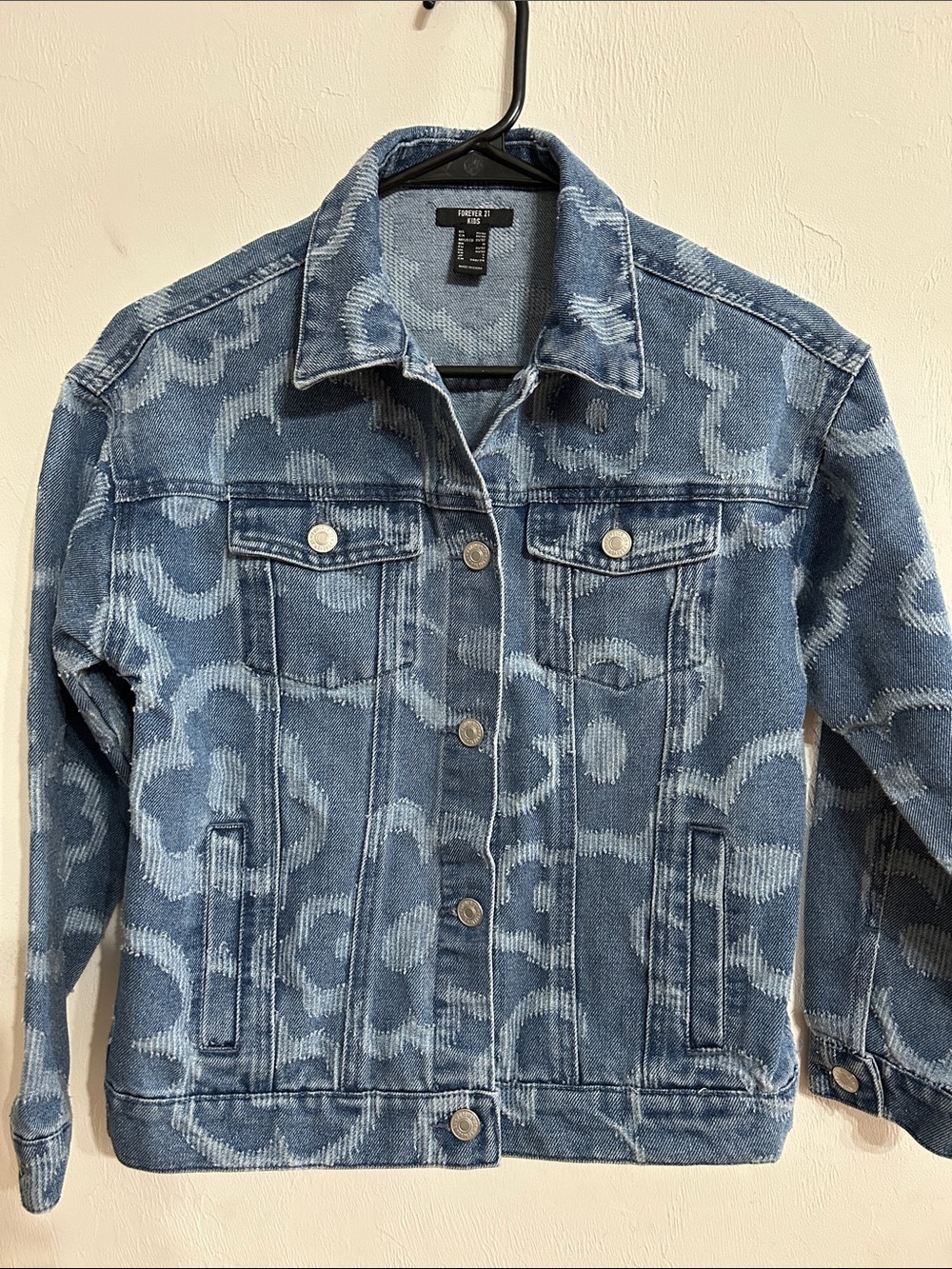 Forever 21 Denim Jacket Blue Flower Pattern Size 11-12 Back to school
